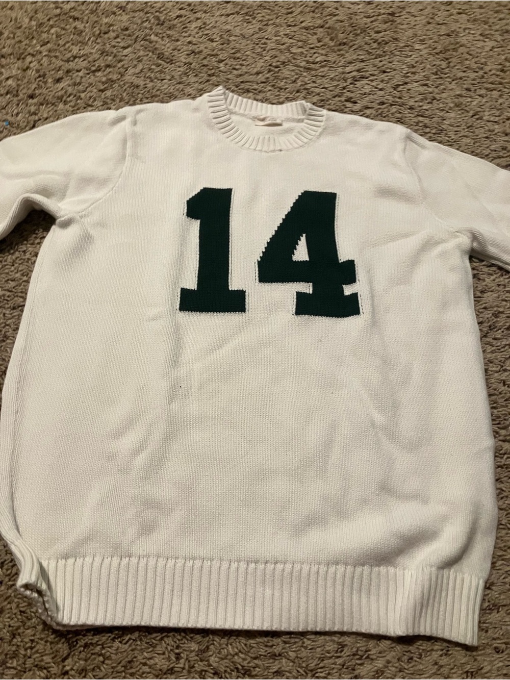 Brandy Melville White Crewneck Sweater with Dark Green '14'